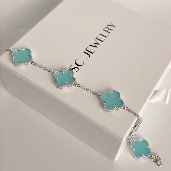 Blue Clover Bracelet Double Sided Silver Color Chain Four Leaf Platinum Plated - Picture 2 of 11